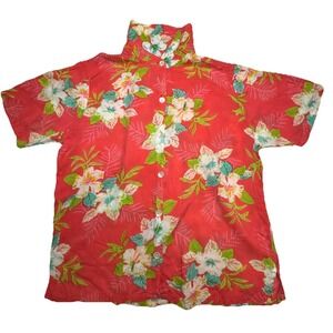 La Cera Womens Medium Coral Pink Tropical Floral Rayon Button Down Shirt